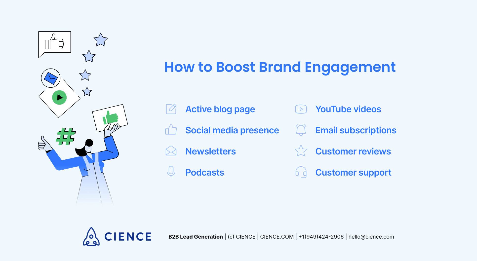 How to Boost Brand Engagement? - Active blog page; Social media presence; Newsletters; Podcasts; Youtube videos; Email subscriptions; Customer reviews; Customer support. 